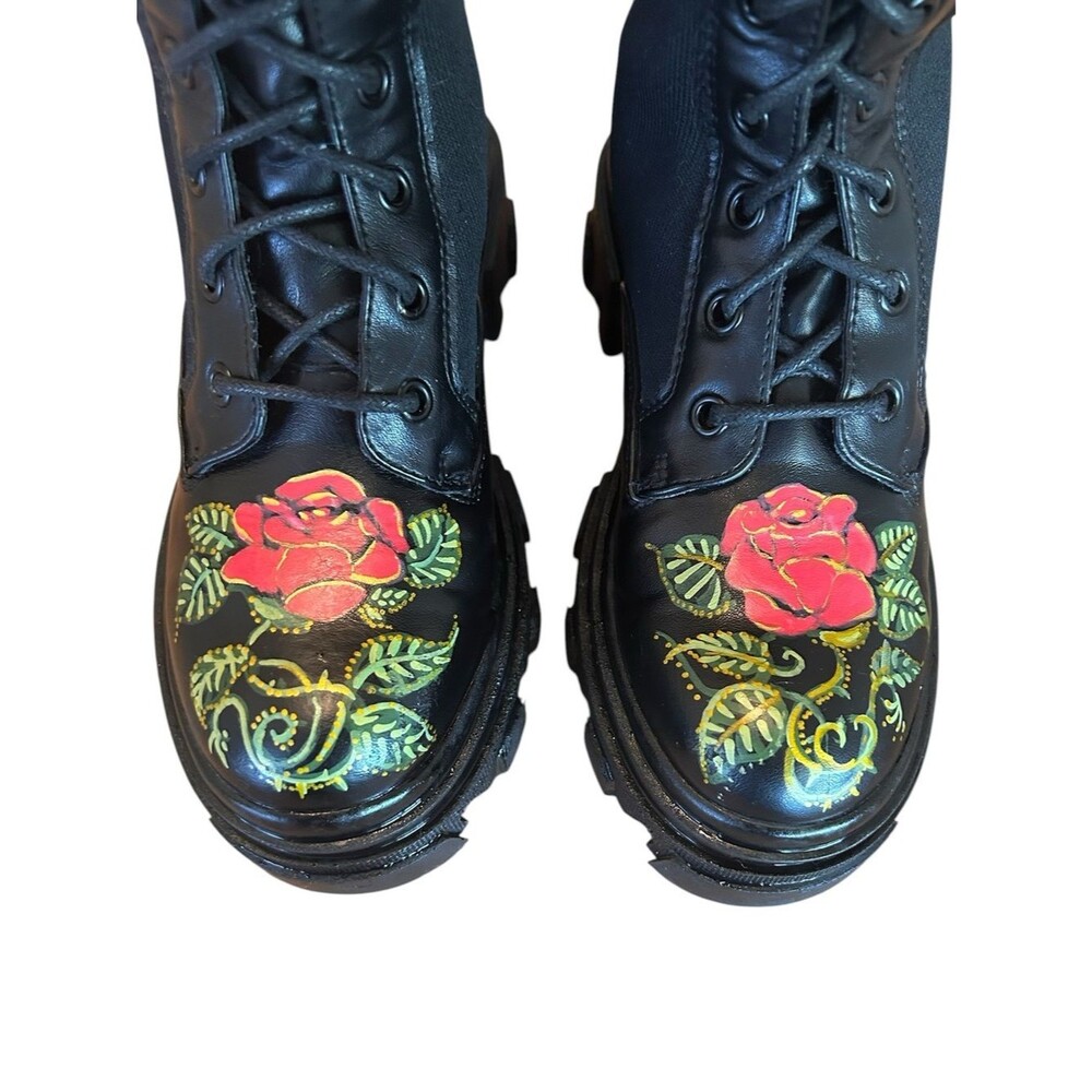 HANDPAINTED Wearable Art Black Knee-High Lace-Up Combat Boots - Lug Soles - 5.5